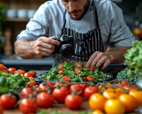 A man blogger video recipe on a camera AI generate illustration