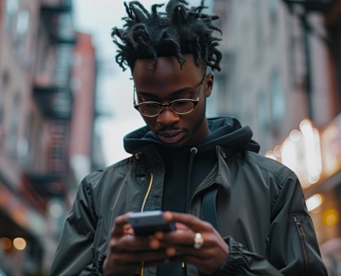 an attractive young man deeply engrossed in his smartphone within an urban setting With swift fingers