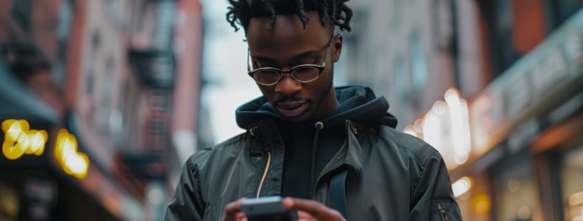 an attractive young man deeply engrossed in his smartphone within an urban setting With swift fingers