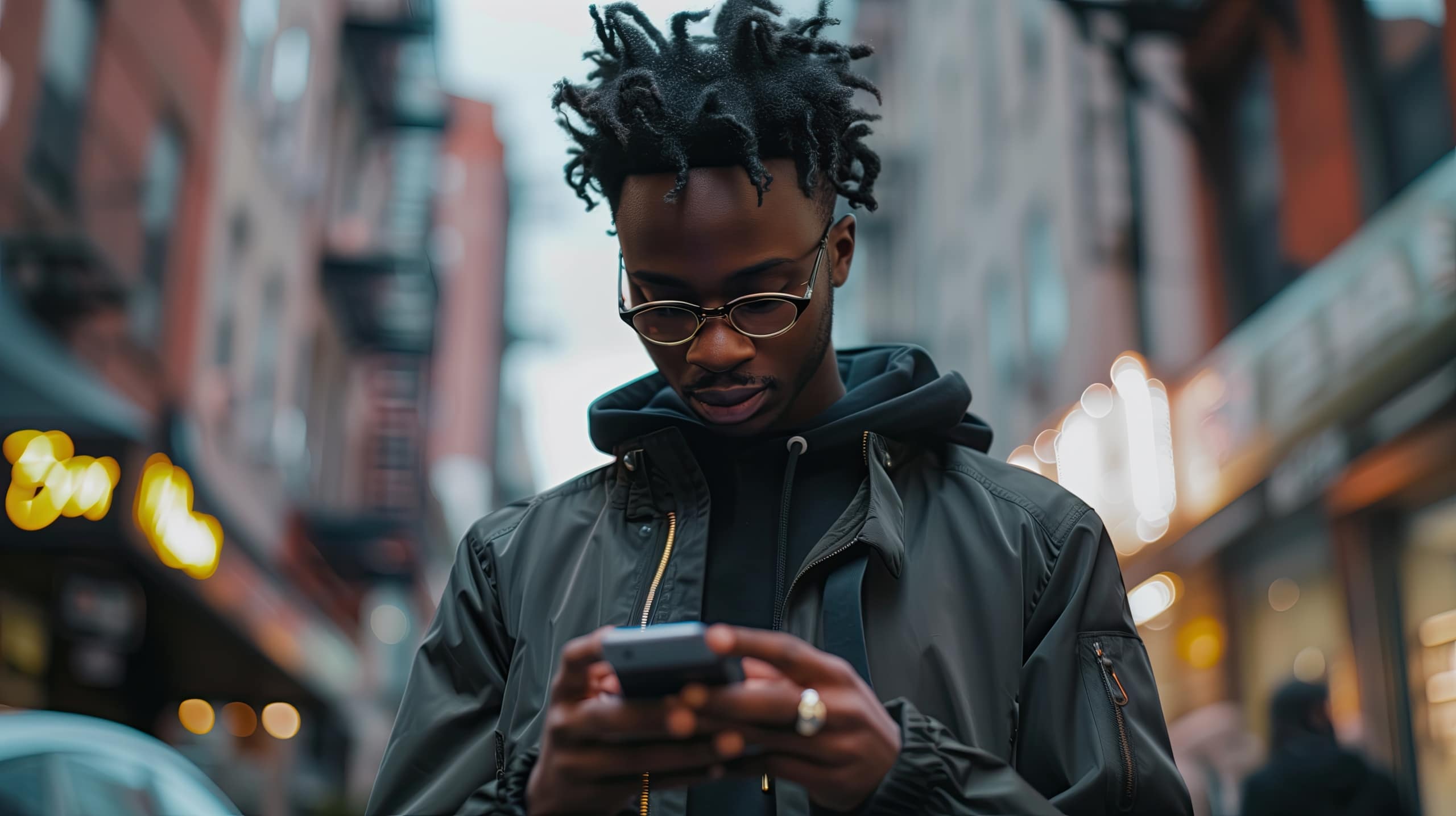 an attractive young man deeply engrossed in his smartphone within an urban setting With swift fingers