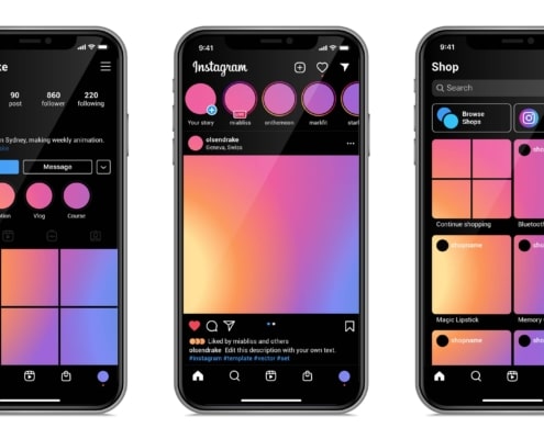 Editable Instagram template on smartphone dark mode set Isolated Instagram App interface with phone screen mockup on white background Realistic collection vector illustration