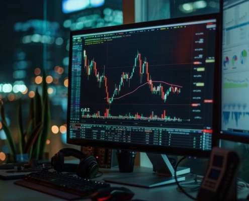 Charts of financial instruments with various type of indicators including volume analysis for professional technical analysis on the monitor of a computer