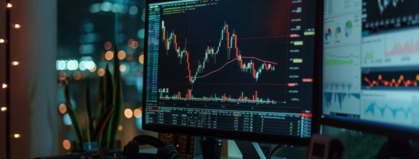 Charts of financial instruments with various type of indicators including volume analysis for professional technical analysis on the monitor of a computer