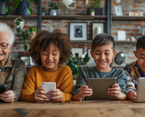 Showcase inclusive technology usage with a photo of people of different ages and abilities using technology devices such as smartphones, tablets, or computers, promoting accessible technology for all