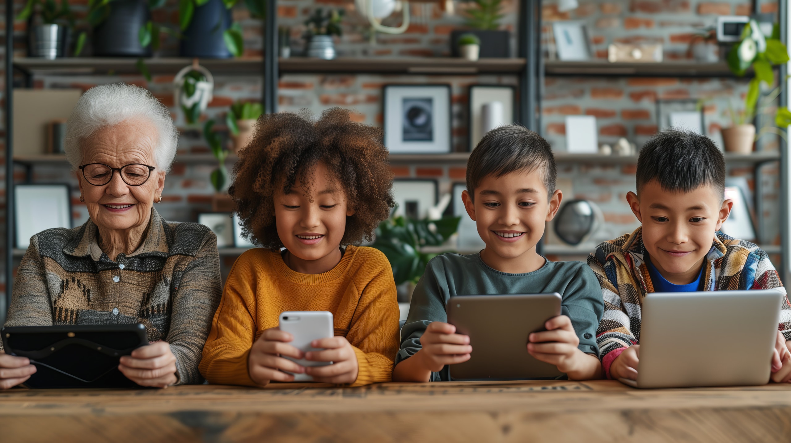 Showcase inclusive technology usage with a photo of people of different ages and abilities using technology devices such as smartphones, tablets, or computers, promoting accessible technology for all