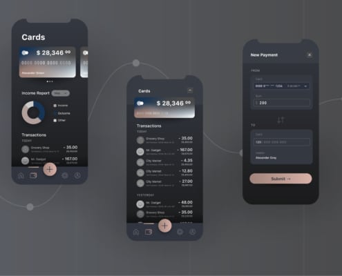 Mobile banking application user interface, screen layouts for cards and transitions on scroll, payment modal, dark colour design with tab bar