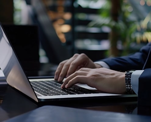 Successful business owners lead informal business meetings within their organizations Businessman working using laptop and documents in business Closeup pictures : Generative AI