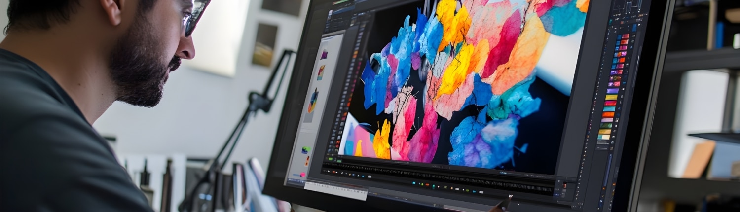 A photo of a graphic designer working on a colorful project on a large monitor
