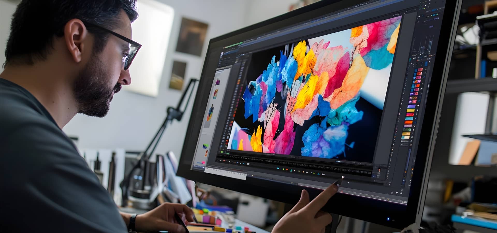A photo of a graphic designer working on a colorful project on a large monitor